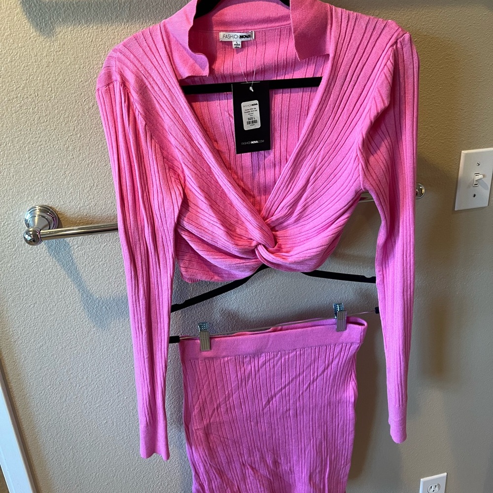 Fashion Nova Vibrant Pink Twist-Front Skirt Set